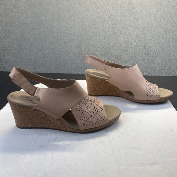 Clarks Women’s Lafley Joy Leather Wedged Heeled Strap Sandals Size 12 W - Picture 1 of 11